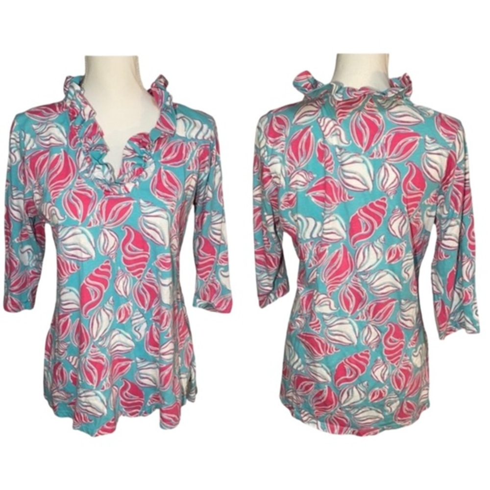 Haley And The Hound Women's Medium Seashell‎ Blouse Ruffle Neck 3/4 Sleeves